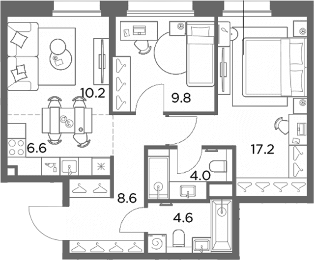 Планировка: Евротрёшка 61 м² в ЖК «Станиславский»