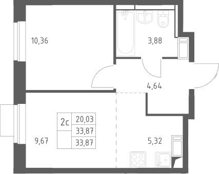 Планировка: Евродвушка 33,9 м² в ЖК «Пятницкие Луга»