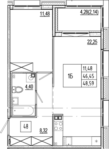 Планировка: Евродвушка 46,5 м² в ЖК «Ranta Residence»