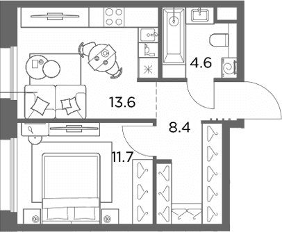 Планировка: 1-комнатная квартира 38,3 м² в ЖК «Станиславский»