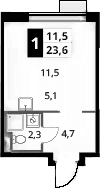 Планировка: Студия 23,6 м² в ЖК «1-й Донской»