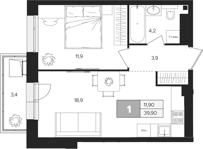 Планировка: 1-комнатная квартира 38,9 м² в ЖК «Ласточкино»