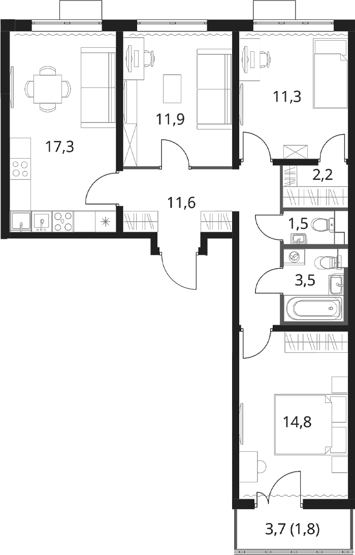 Планировка: 3-комнатная квартира 74,1 м² в ЖК «1-й Шереметьевский»
