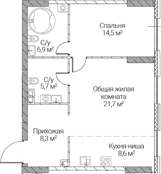 Планировка: Евродвушка 65,7 м² в ЖК «СЕЗАР СИЛИКА»