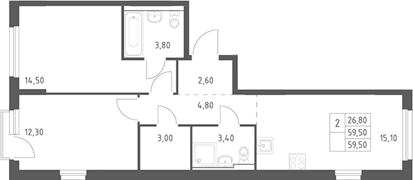 Планировка: Евротрёшка 59,5 м² в ЖК «Химки Парк»