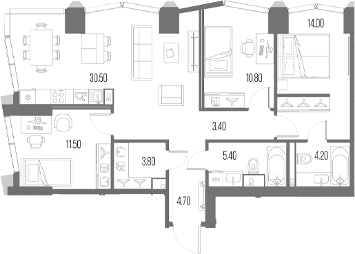 Планировка: 3-комнатная квартира 88,2 м² в ЖК «Северный Порт»