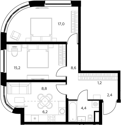 Планировка: Евротрёшка 63,7 м² в ЖК «Адмирал»