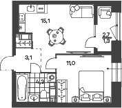 Планировка: Евродвушка 33,5 м² в ЖК «Новый Питер»