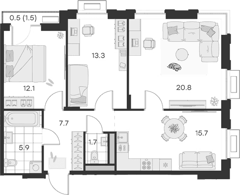 Планировка: 3-комнатная квартира 77,2 м² в ЖК «Михалевич»