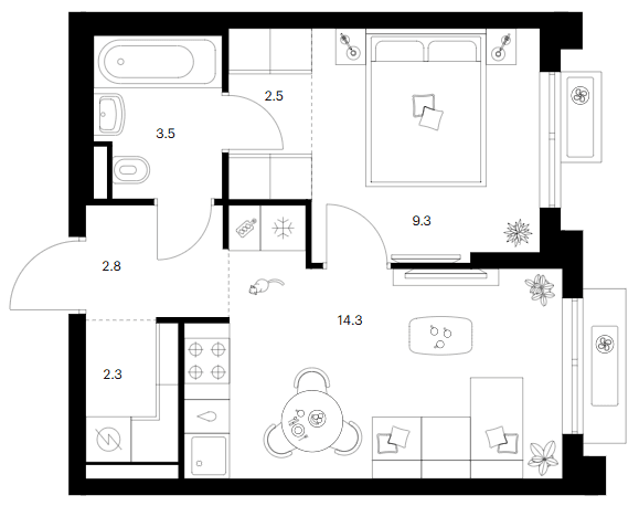 Планировка: 1-комнатная квартира 34,7 м² в ЖК «Ярославский»