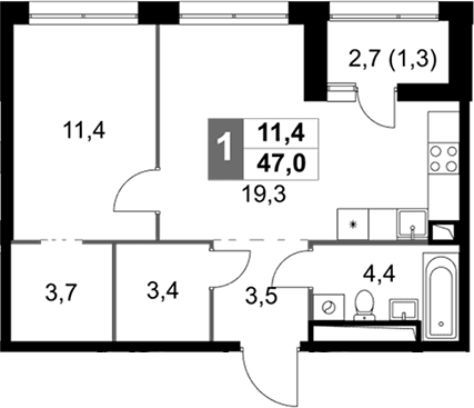 Планировка: Евродвушка 45,7 м² в ЖК «Скай Гарден»