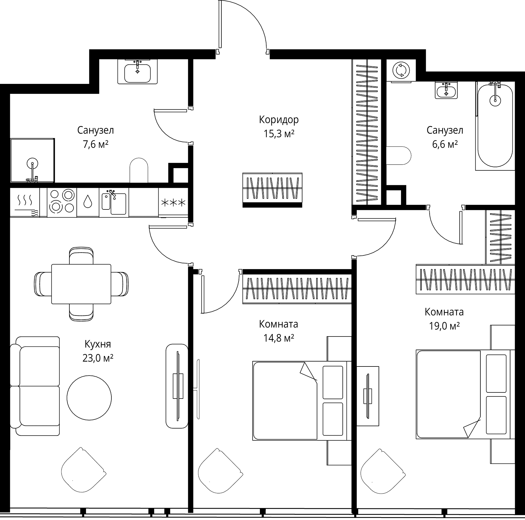 Планировка: Евротрёшка 86,3 м² в ЖК «ОНЕ»