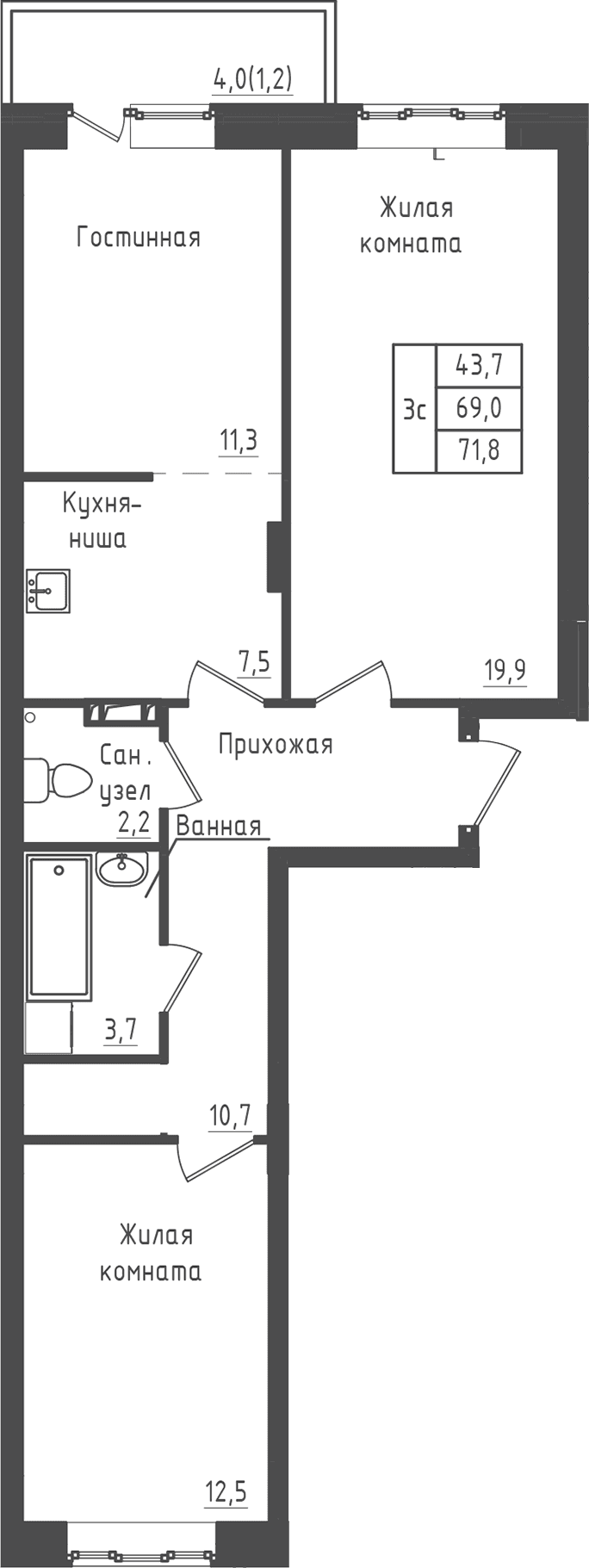 Планировка: 2-комнатная квартира 67,8 м² в ЖК «Зеленый город»