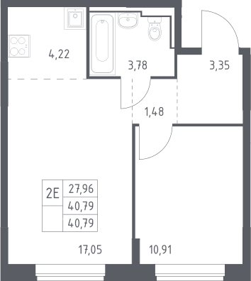 Планировка: Евродвушка 40,8 м² в ЖК «Богдановский лес»