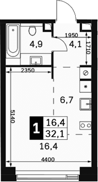 Планировка: Студия 32,1 м² в ЖК «Амбер Сити»