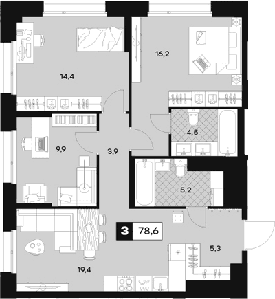 3-комнатная квартира