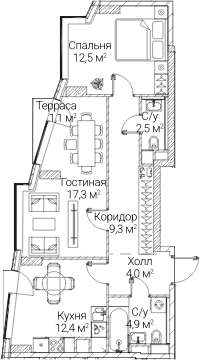 Планировка: 2-комнатная квартира 61,4 м² в ЖК «СЕЗАР БУДУЩЕЕ»