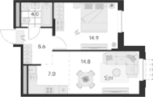 Планировка: Евродвушка 46,3 м² в ЖК «Михалевич»