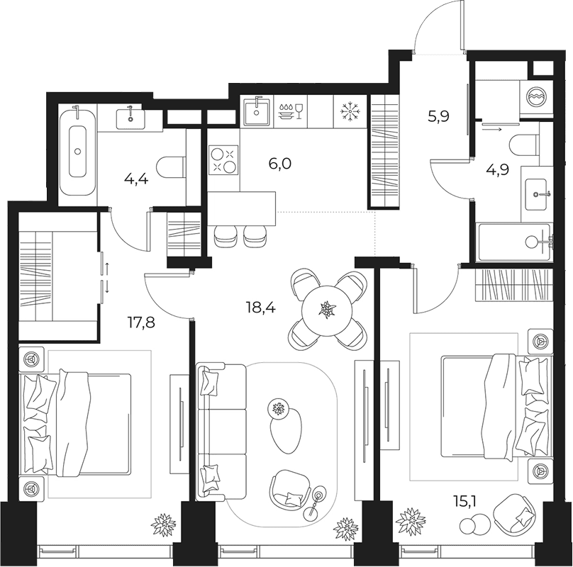 Планировка: Евротрёшка 72,5 м² в ЖК «МАСТЕРС»