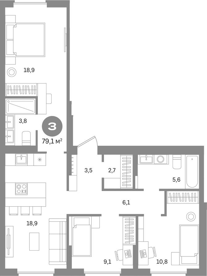 Планировка: 3-комнатная квартира 79,1 м² в ЖК «Первый квартал. Вторая очередь»