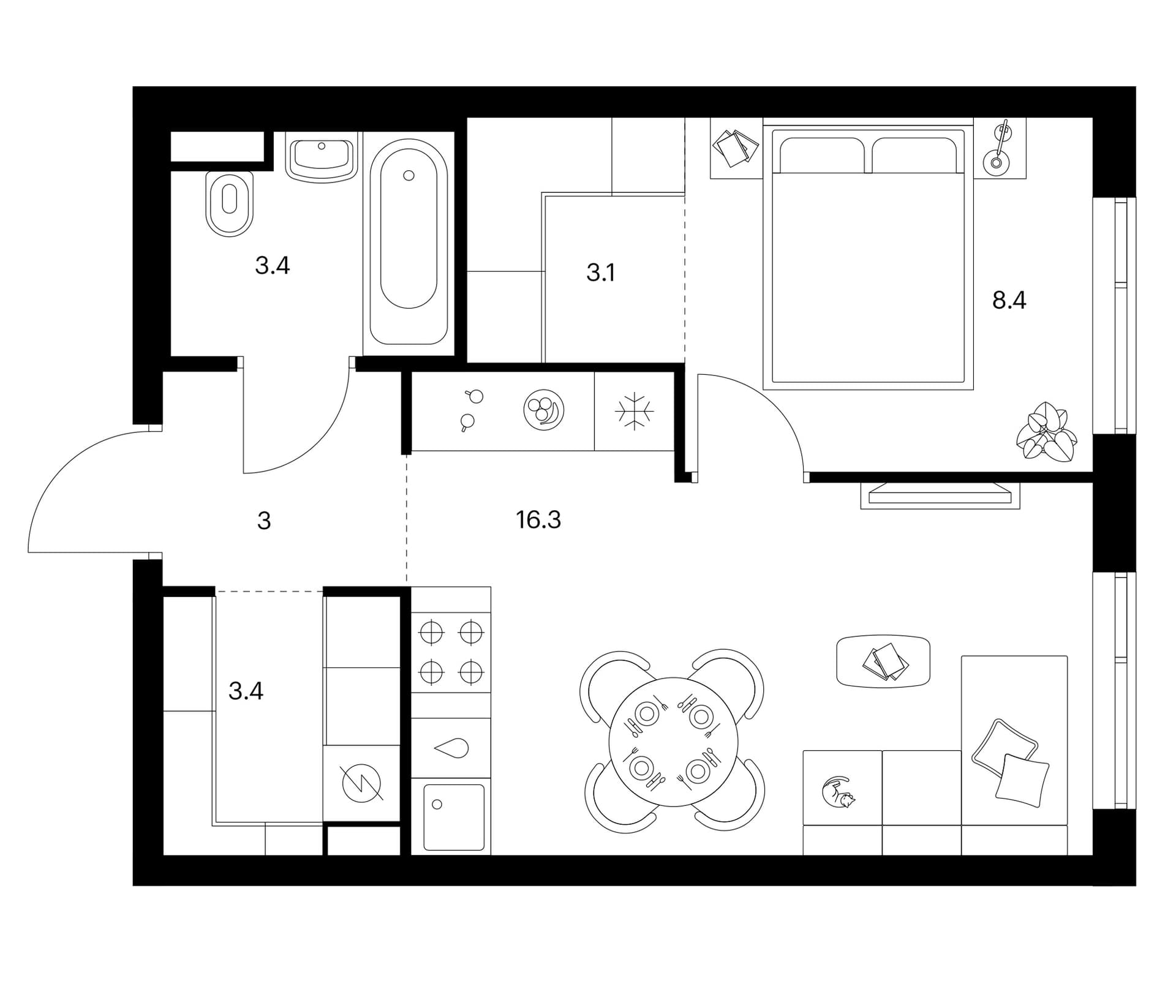 Планировка: 1-комнатная квартира 37,6 м² в ЖК «Бунинская набережная»