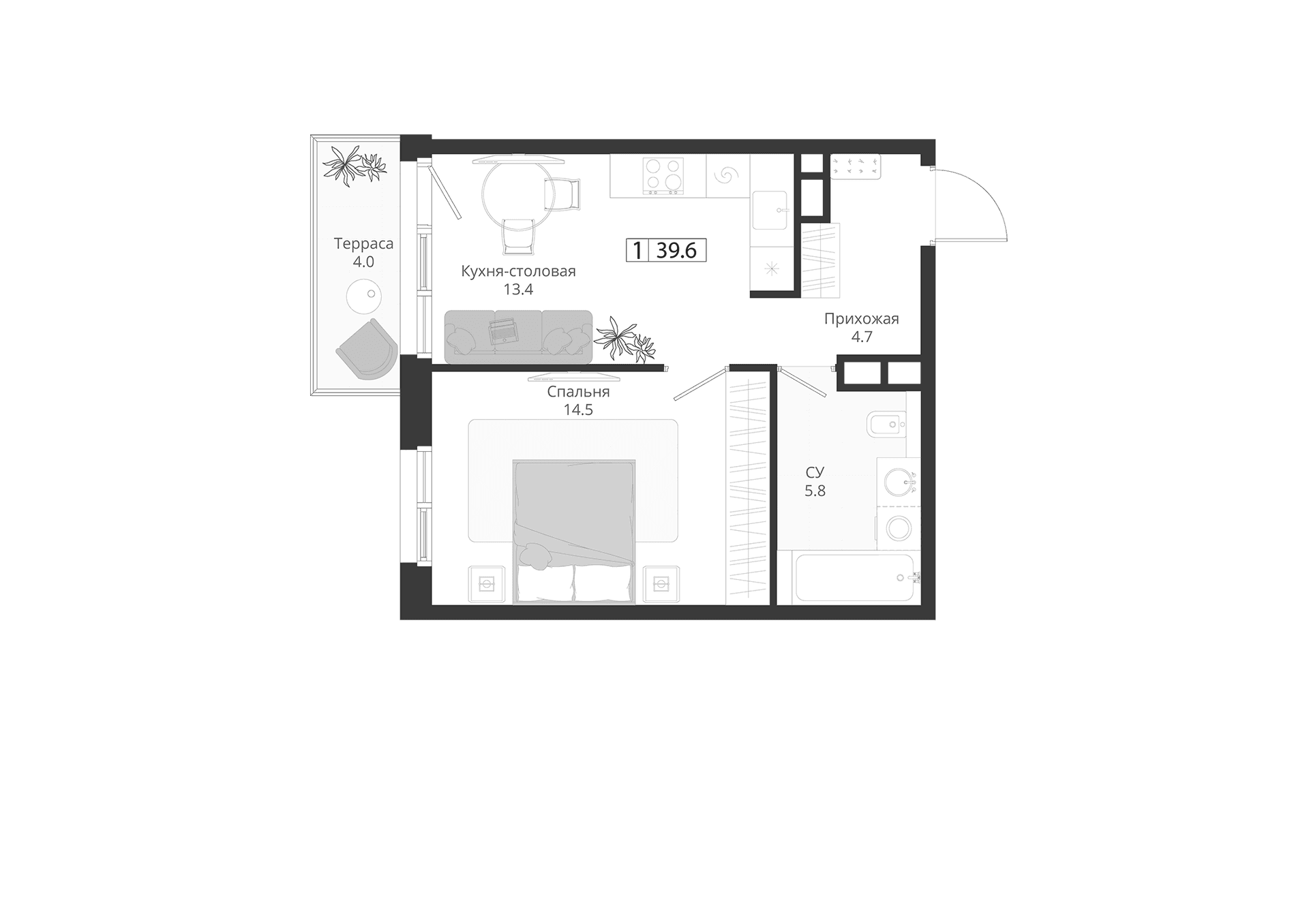 Планировка: Евродвушка 38,4 м² в ЖК «ГРЭЙ»