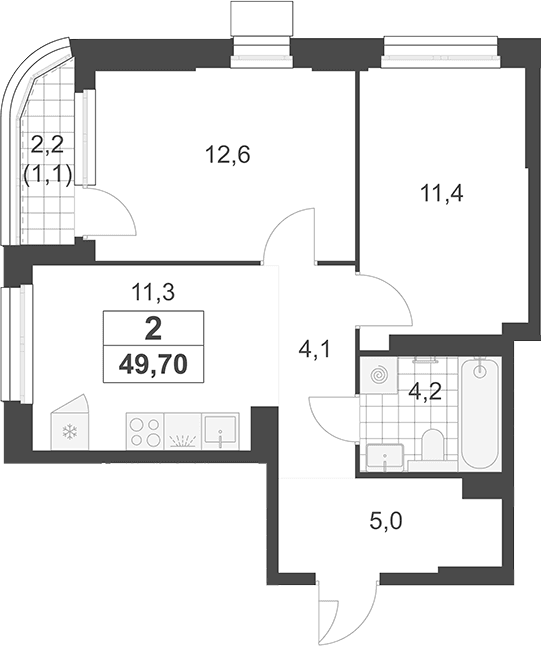 Планировка: 2-комнатная квартира 48,6 м² в ЖК «Южные сады»