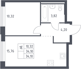 Планировка: Евродвушка 34,1 м² в ЖК «Рублевский квартал»