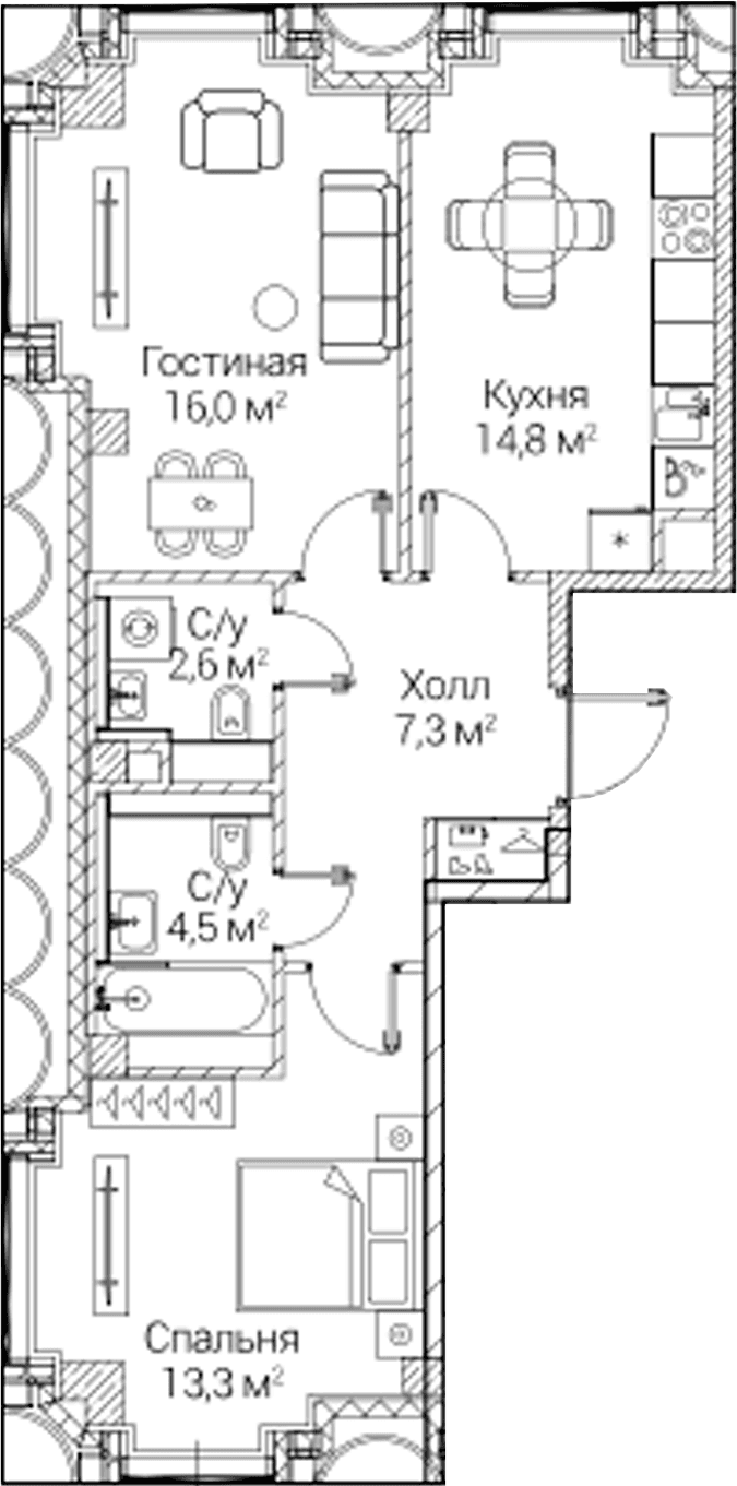 Планировка: 2-комнатная квартира 58,9 м² в ЖК «СЕЗАР БУДУЩЕЕ»