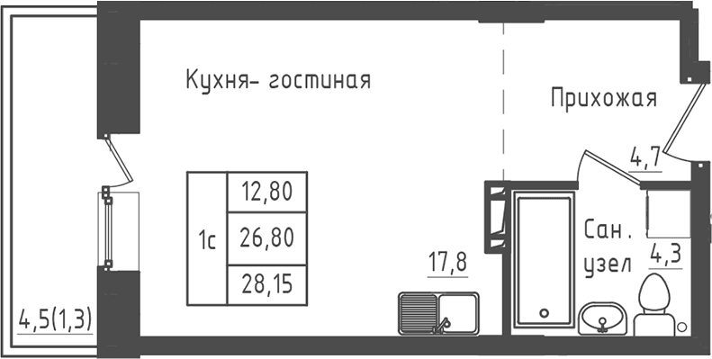 Планировка: Студия 26,8 м² в ЖК «Зеленый город»