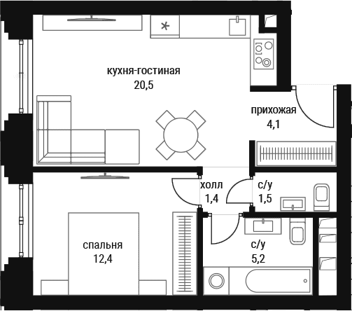 Планировка: Евродвушка 45,1 м² в ЖК «Шелепиха»