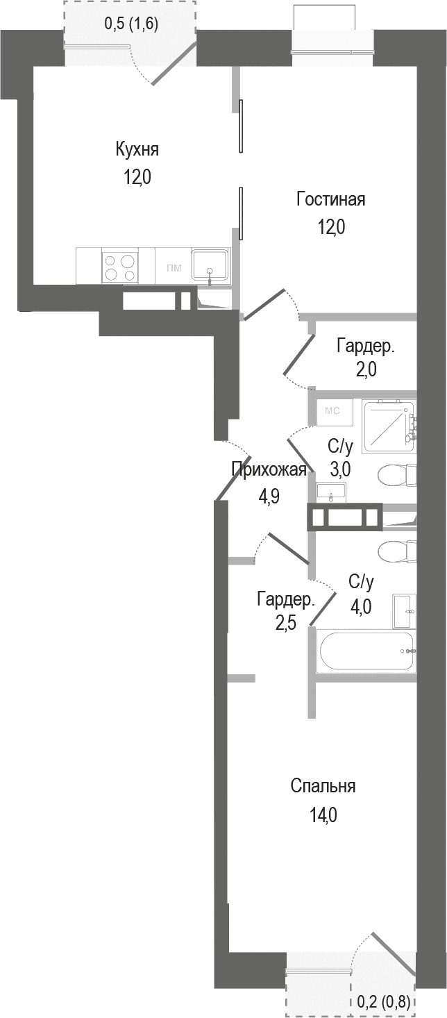 Планировка: 2-комнатная квартира 54,4 м² в ЖК «Киноквартал»