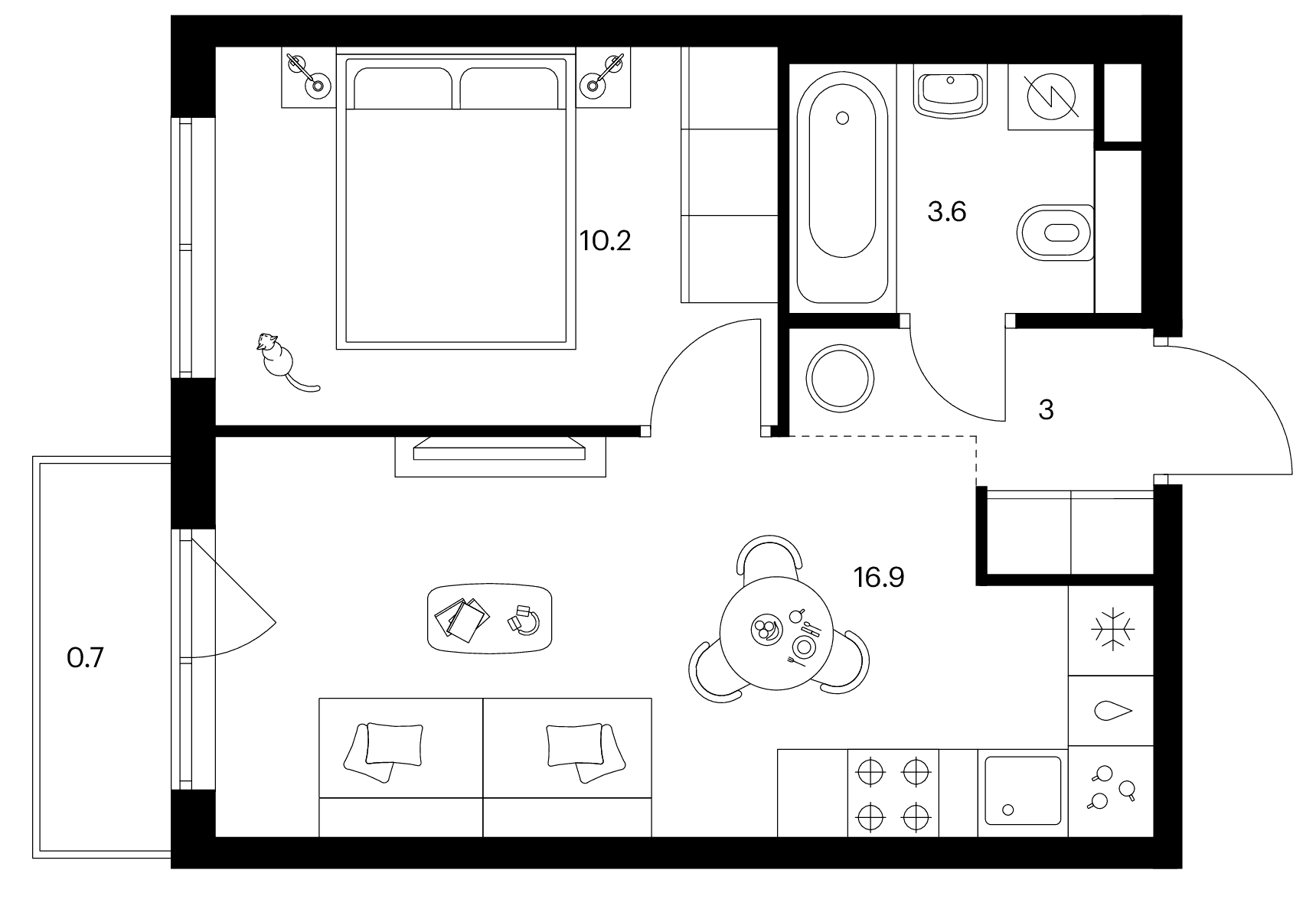 Планировка: 1-комнатная квартира 33,7 м² в ЖК «Москворечье»