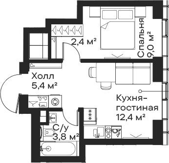 Планировка: Евродвушка 33 м² в ЖК «Сити Бэй»