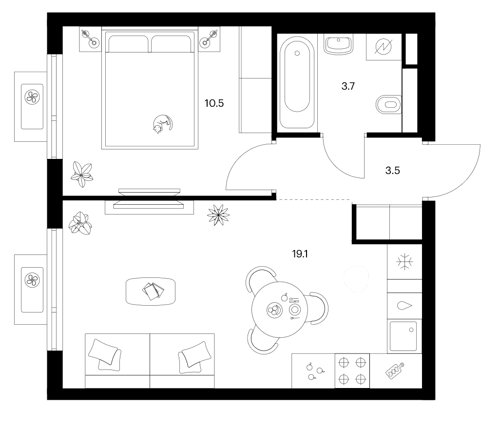 Планировка: 1-комнатная квартира 36,8 м² в ЖК «Белая Дача парк»