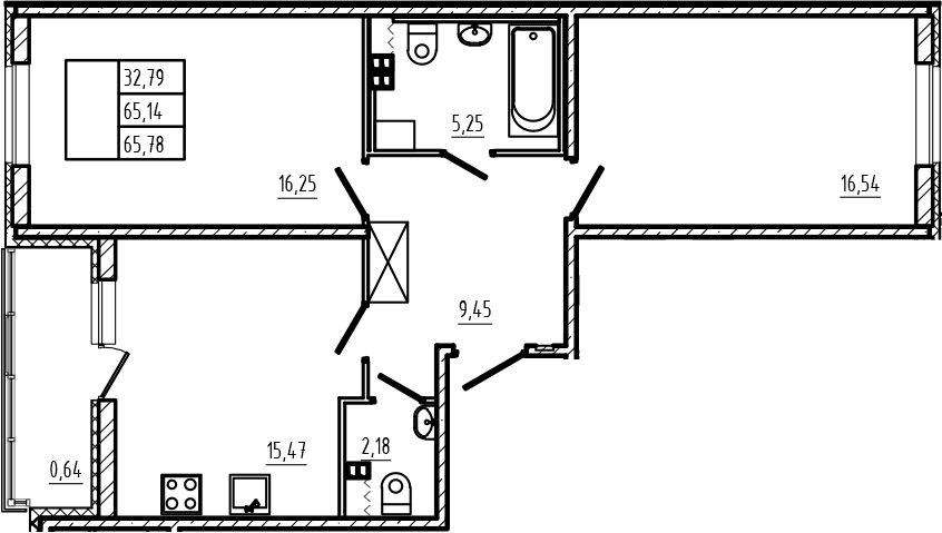 Планировка: Евротрёшка 65,1 м² в ЖК «Новая история»