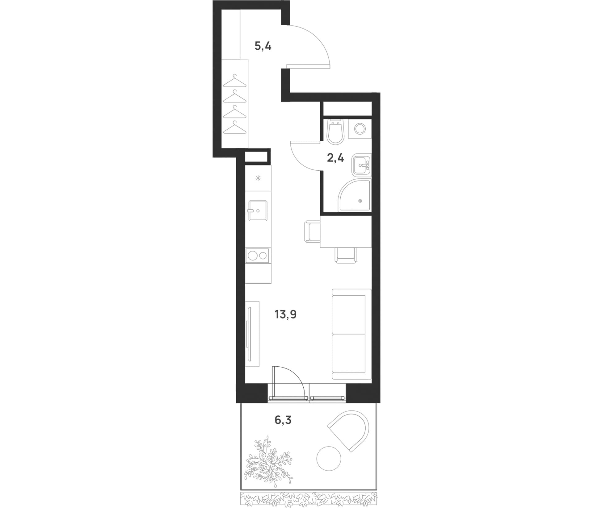 Планировка: Студия 21,7 м² в ЖК «Форевиль»