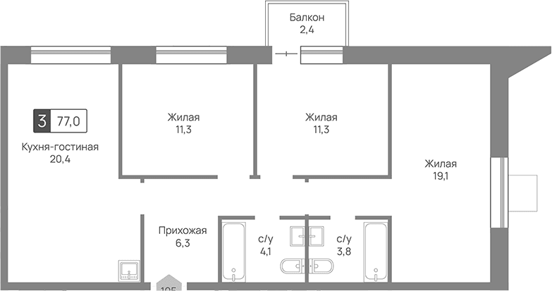 Планировка: Квартира евро-4 76,3 м² в ЖК «Отрада 3»