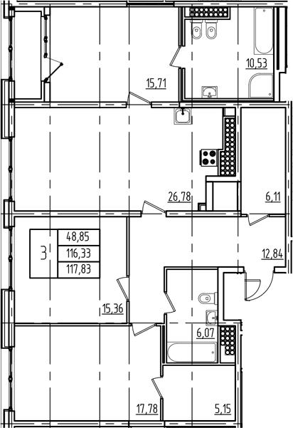 Планировка: Квартира евро-4 115,1 м² в ЖК «Дефанс»