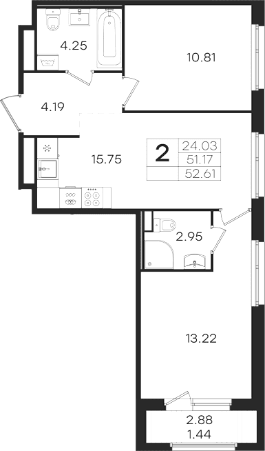 Планировка: Евротрёшка 51,2 м² в ЖК «Романовка»