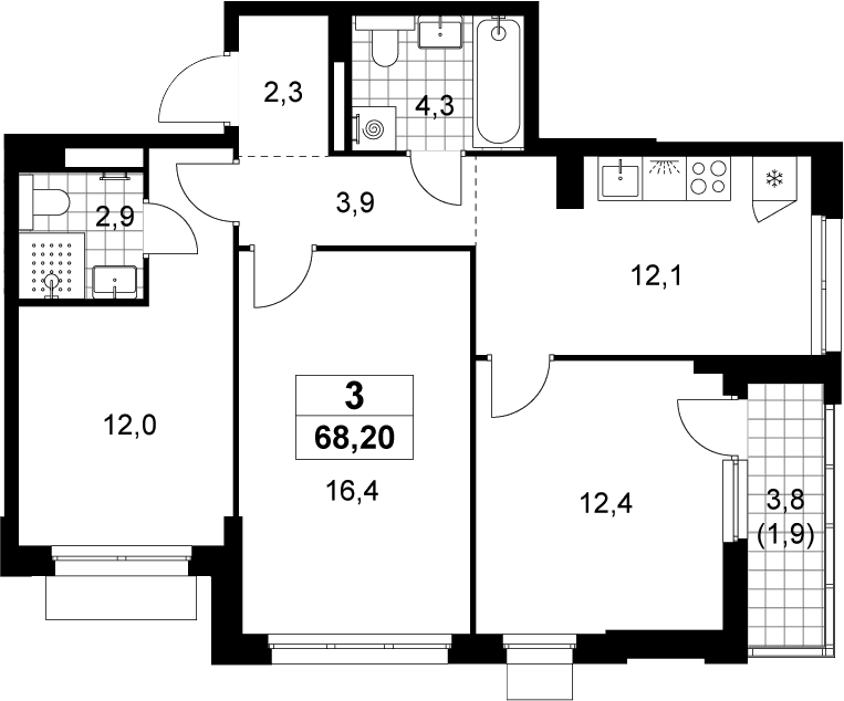 Планировка: 3-комнатная квартира 66,3 м² в ЖК «Деснаречье»