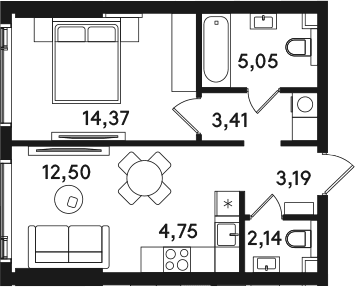 Планировка: Евродвушка 45,4 м² в ЖК «СОЛОС»