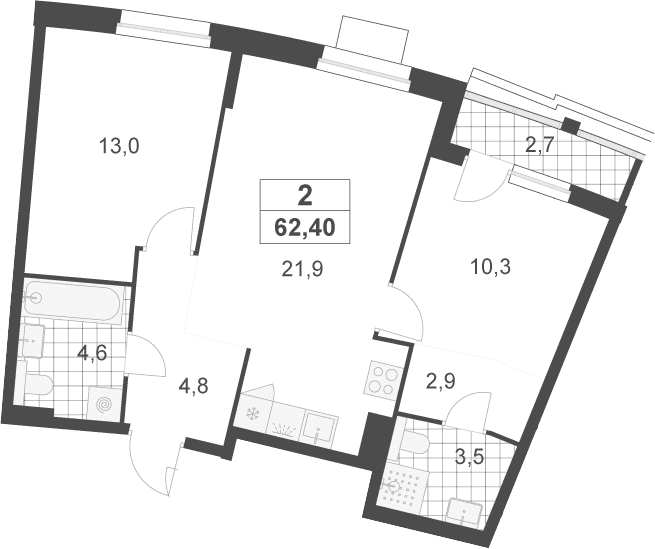 Планировка: Евротрёшка 61,1 м² в ЖК «Деснаречье»