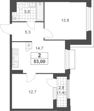 Планировка: 2-комнатная квартира 51,6 м² в ЖК «Южные сады»