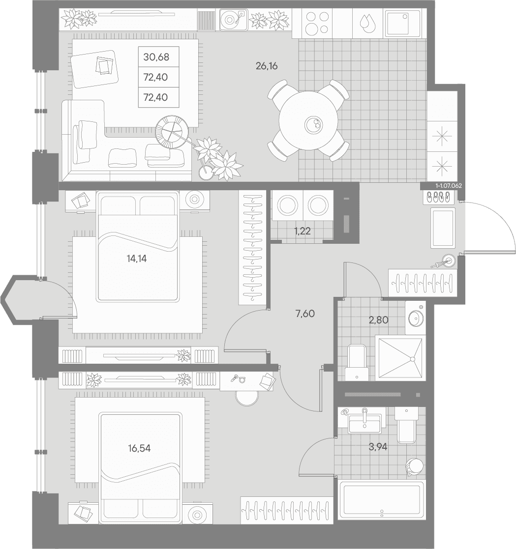 Планировка: Евротрёшка 72,4 м² в ЖК «АВАНТ»