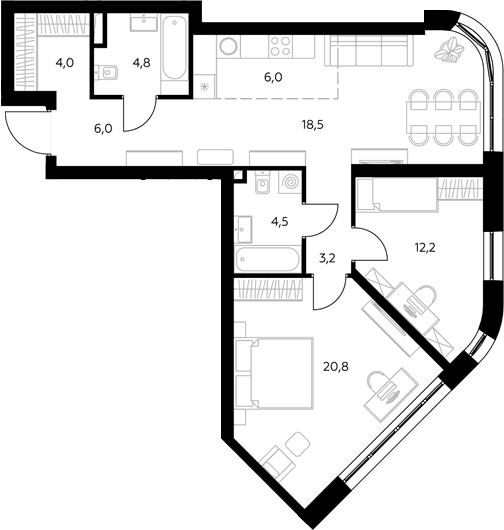 Планировка: Евротрёшка 79,1 м² в ЖК «Адмирал»