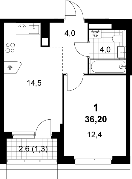 Планировка: 1-комнатная квартира 34,9 м² в ЖК «Деснаречье»