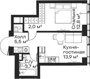 Планировка: Евродвушка 37,9 м² в ЖК «Сити Бэй»