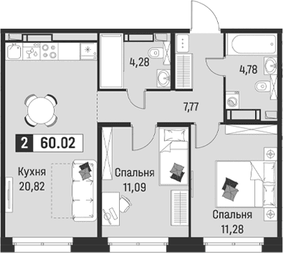 Планировка: Евротрёшка 60 м² в ЖК «Символист»