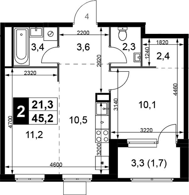 Планировка: Евродвушка 43,5 м² в ЖК «1-й Химкинский»